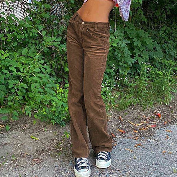 Outono Casual Corduroy Calças Longas Mulheres Skinny Cintura Alta Calças Capris Moda Y2K E-Girls Bolso Sweatpants Zipper 90s Y211115