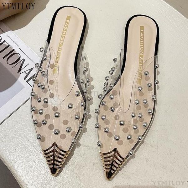 

fashion slippers women summer pvc transparent pointed toe clear mule rhinestone slides flat zapatillas mujer casa, Black