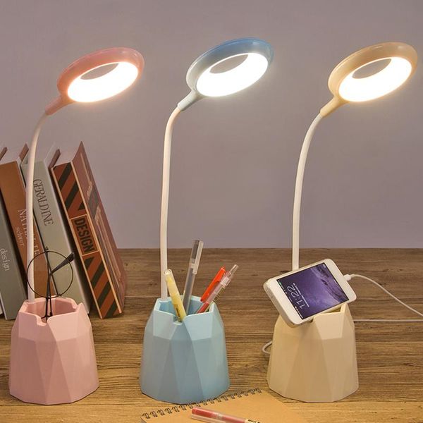 

touch dimmable usb power led table lamp eye protection multi-function rotatable pen holder phone rack bedroom light lamps