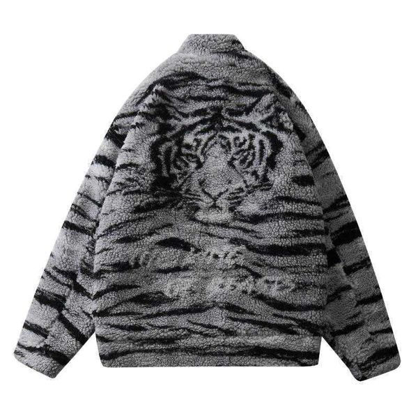 

2021 men's down & parkas hip hop parka jacket men streetwear winter retro tiger pattern lambswool coats harajuku warm outwear, Black