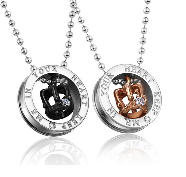 

pendant necklaces christmas gift two colors stainless steel crown circle mens womens couple necklace crystal inlay, Silver