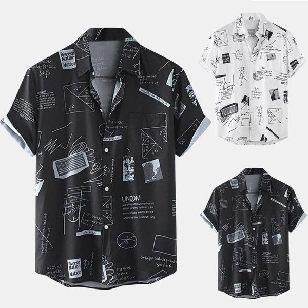 

men's casual shirts geometric letter printed men shirt short sleeve button turn-down collar camisa masculina summer for 2021, White;black