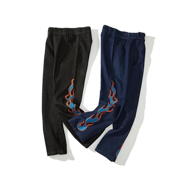 

men's jeans high street flame printed style leisure trousers, Blue