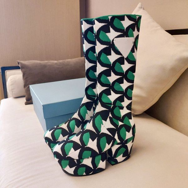 

geomertic printing designer elastic sock boots high heel platform boots 2022 winter runway brand dress shoes women colorful long boots, Black