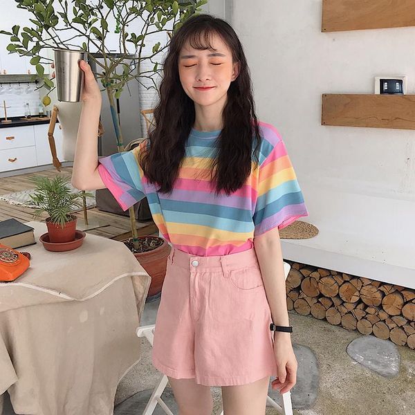 

summer rainbow female t-shirt striped women's short-sleeved loose shirt women cotton cool, White
