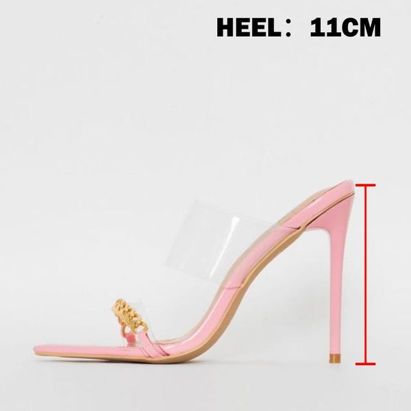 

women metal chain slippers toe pumps 2021 ladies high heels woman female shoes big size women's pointed transparent slides, Black