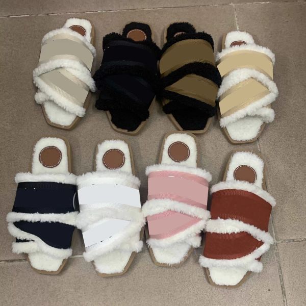 

designer woody retro slippers women flat muller plush sandals winter indoor warm wool shoes leather fox fur slipper woman slide rubber botto, Black