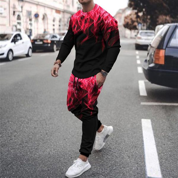 

jogging clothing 2021 3d printing colorful flame men's suit long-sleeved casual round neck sweatshirt sports sportswear, Black;red