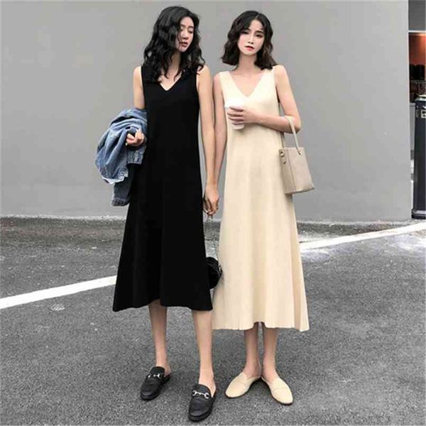 

fashion suspender a-line skirt mid-length autumn loose and thin v-neck ice silk knitted dress female 210520, Black;gray