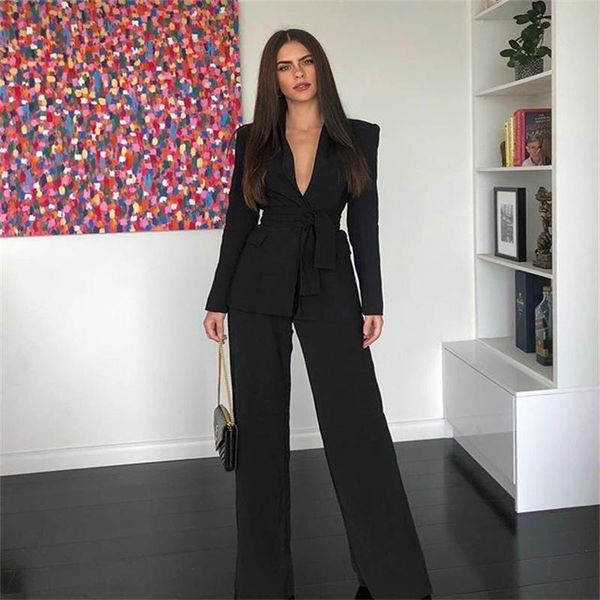 

women's two piece pants 2021 est fashion temperament casual suit jacket straight two-piece suits deep v-neck women dress black, White