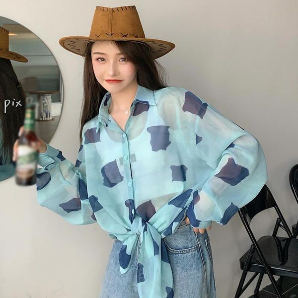 

women's t-shirt 2021 spring female clothes square pattern jacket women full sleeve summer chiffon shirt loose thin coat ladies plus si, White