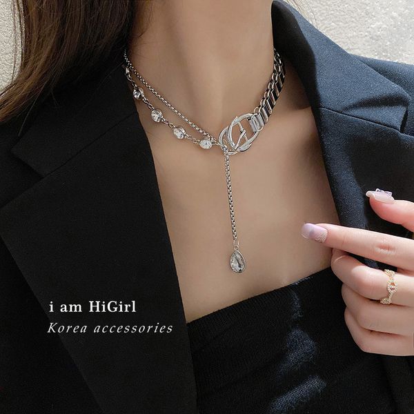 

designer necklace luxury chain fashion design splicing diamond inlaid box pendant cool style personalized clavicle female, Silver