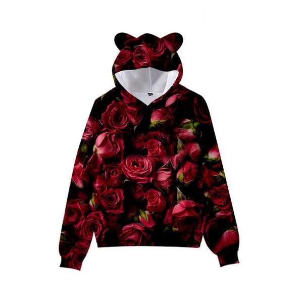 

rose pattern cute boy girl clothes hooded 3d printing hooded sweater autumn early winter ears hooded pullover, Black
