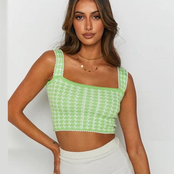 

women's tanks & camis vintage plaid knitted cute women summer retro sweater vest female fashion sleeveless backless crop jumpers, White