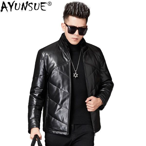 

men's leather & faux ayunsue genuine real jacket men winter sheepskin coat plus size collar short warm down jackets 9010, Black