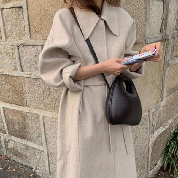 

women's wool & blends korean fashion clothing coats and jackets women matching belt turn down collar elegant vintage single bre, Black