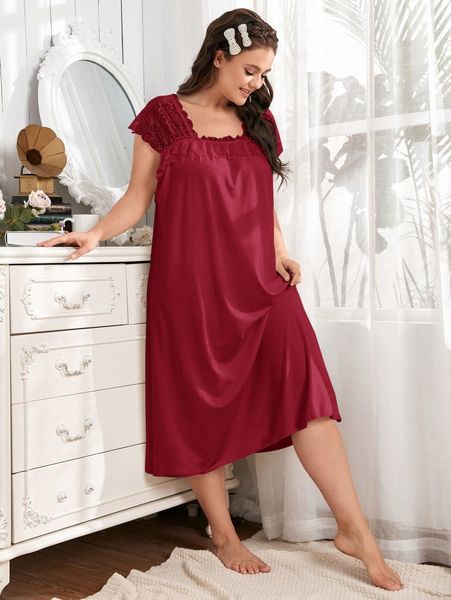 

plus contrast lace solid night dress i3lt#, Black;white