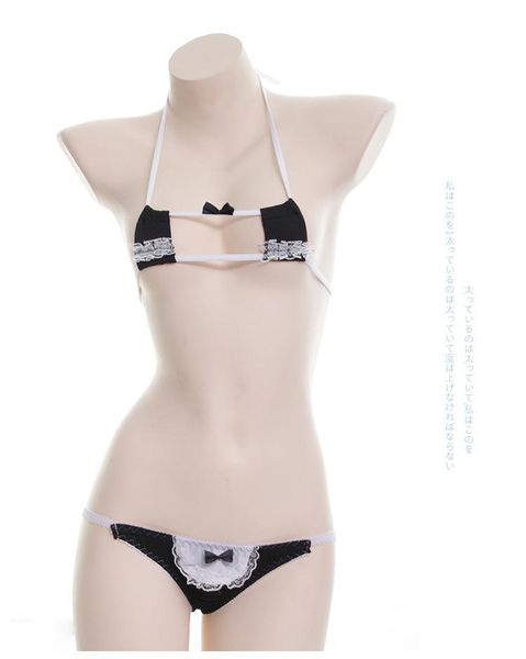 

bras sets women triangle mini bikini swimwear set bra micro sleepwear lolita lingerie underwear bathsuits japanese cute cos maid, Red;black