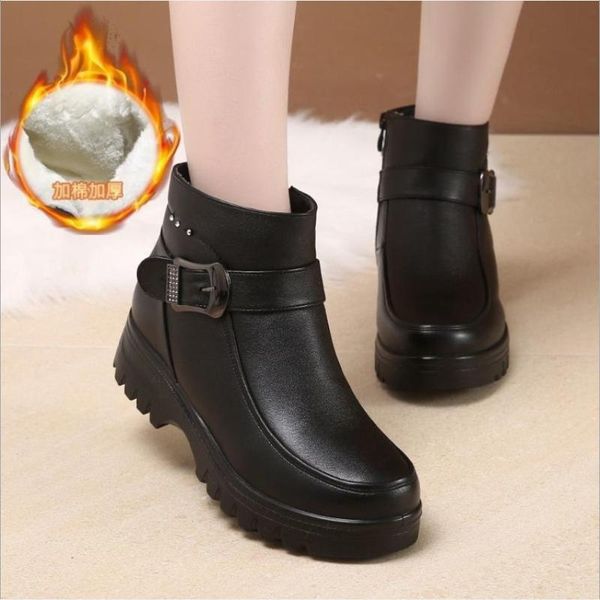 

boots winter snowboots thick warm women leather non-slip soled cotton plush thickened shoes botas mujer, Black