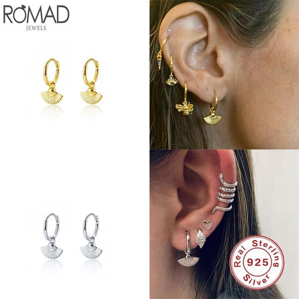 

romad real 925 sterling silver earrings for women party gifts geometric fanshaped pendant fine jewelry pendientes w4 hoop & huggie, Golden;silver