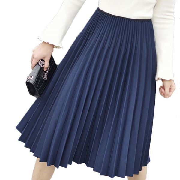 

spring autumn winter elegant pleated skirts womens high waist white long skirt female ladies women midi skirts saia 210416, Black