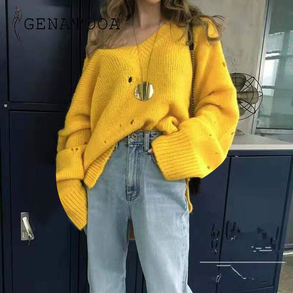 

genayooa autumn winter female long sleeve sweater cashmere v neck plus size jumper korean women loose pullover 210417, White;black