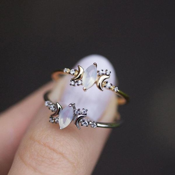 

cluster rings delicate white opal moon stone ring fashion silver triple goddess wedding bands engagement jewelry for women, Golden;silver