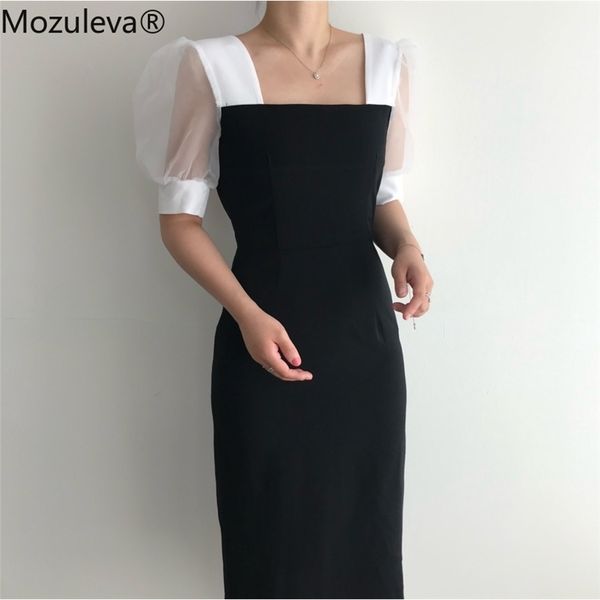

mesh stitching sleeve square collar summer women ol elegant dress office slim party dresses vestidos 210416, White