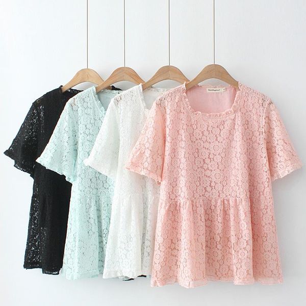 

plus size t-shirt women's clothing blouses&shirts summer show thin loose flower lace short sleeve, Black