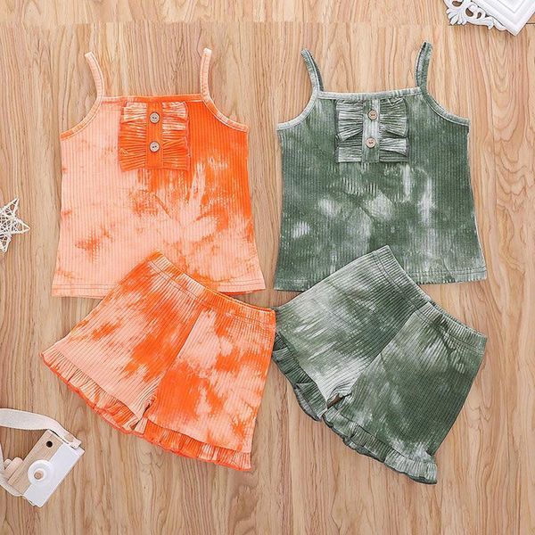 

summer style toddler kids baby girls suspenders tie-dye print shorts outfits set personalized clothes ropa clothing sets, White