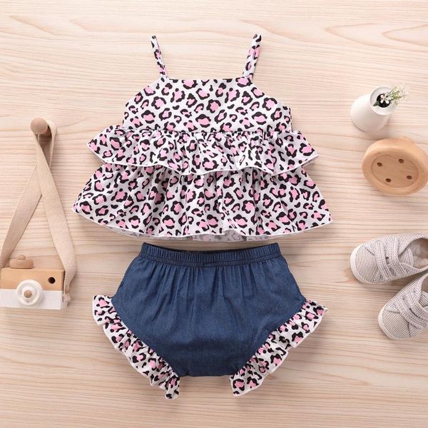

2pcs baby summer tracksuits leopard print spaghetti straps vest + elastic waist shorts for toddler girls 0-24 months clothing sets, White