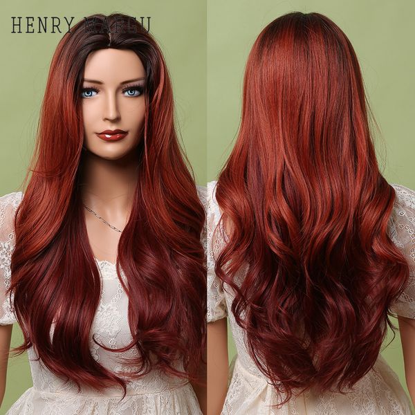 Ombre braun rot body wave perücken für schwarze frauen halloween cosplay party synthetische mittlere teile haarperücke wärmebeständigkeit lenk