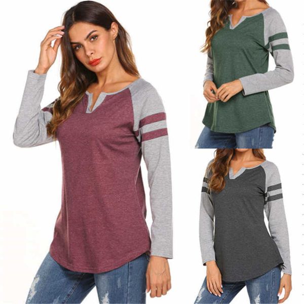 

v-neck selling women's long sleeve color inserted bottomed t-shirt in, White