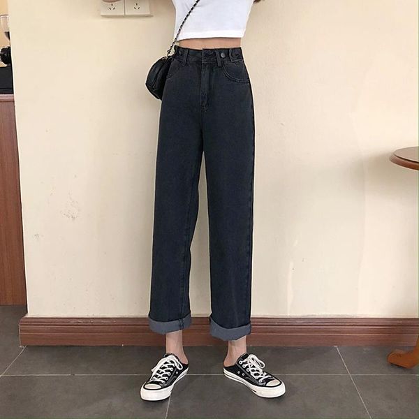 

women's jeans 2021 style loose straight black high-waisted slimming wide-leg pants, Blue