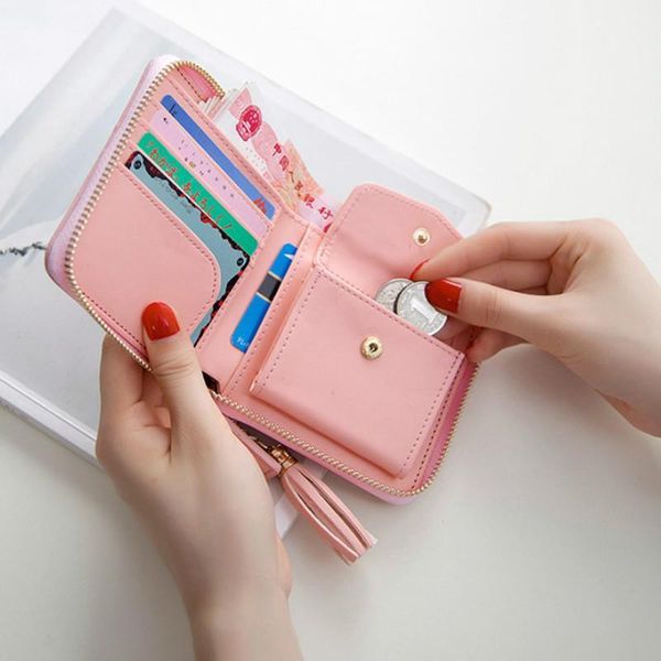 

women fashion short wallet female korean tassel small simple square zipper lady coin purse cute, Red;black
