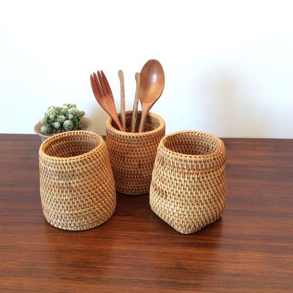 

storage bags woven chopsticks shovel spoon basket rattan forks tableware knives bucket sundries holder wooden kitchen organizer tube