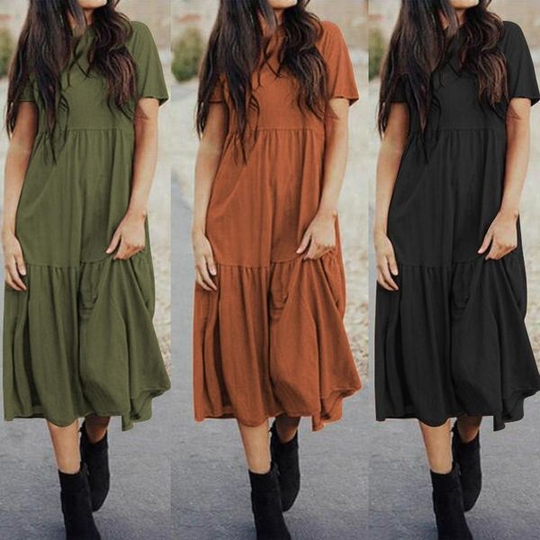 

2021 summer round neck dress short sleeve bohemian beach skirt casual dress, Black;red