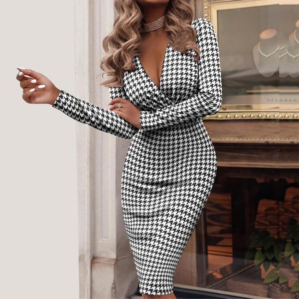 

casual dresses bodycon dress fashion leopard print patch deep v-neck midi long sleeve party for women 2021 vestido feminino, Black;gray