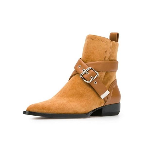 

boots suede medium square heels booties yellow flock cross strap buckle decor pointed toe shoes women casual street runway, Black