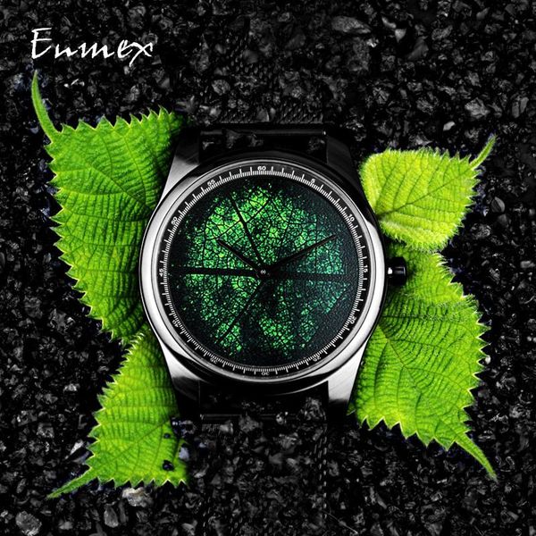 

wristwatches 2021 enmex design wristwatch 3d leaf vein creative stainless steel oil painting face clock fashion quartz watch, Slivery;brown