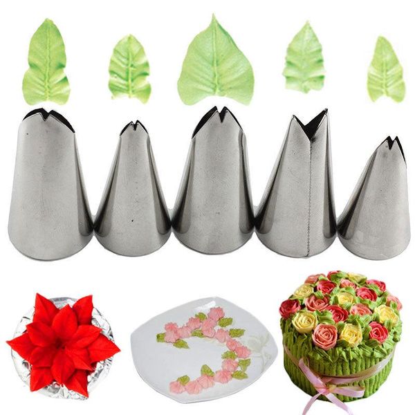 

5pcs/set leaves nozzles stainless steel icing piping tips pastry for cake decorating fondant tools party acc baking &