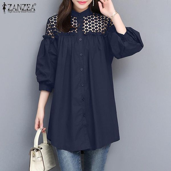 

stylish lace crochet shirts women's patchwork blouse zanzea 2021 casual puff sleeve blusas female button hollow tunic plus size blouses, White