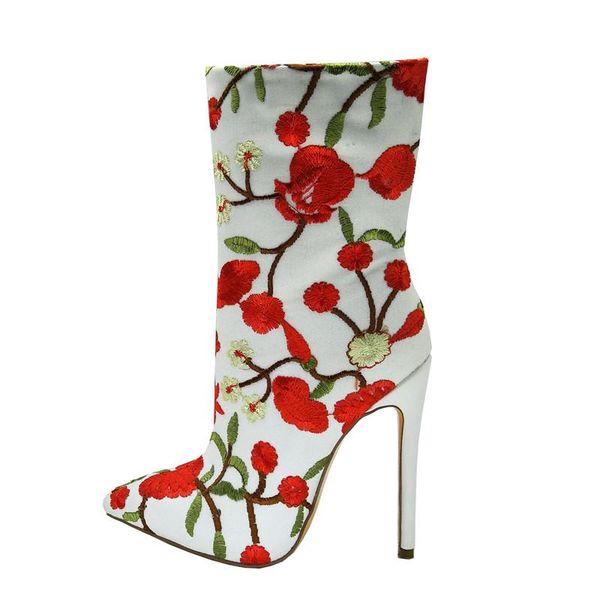 

boots spring green and red rural floral embroidery ankle point toe bottines stiletto heel women slip on flowers woman, Black