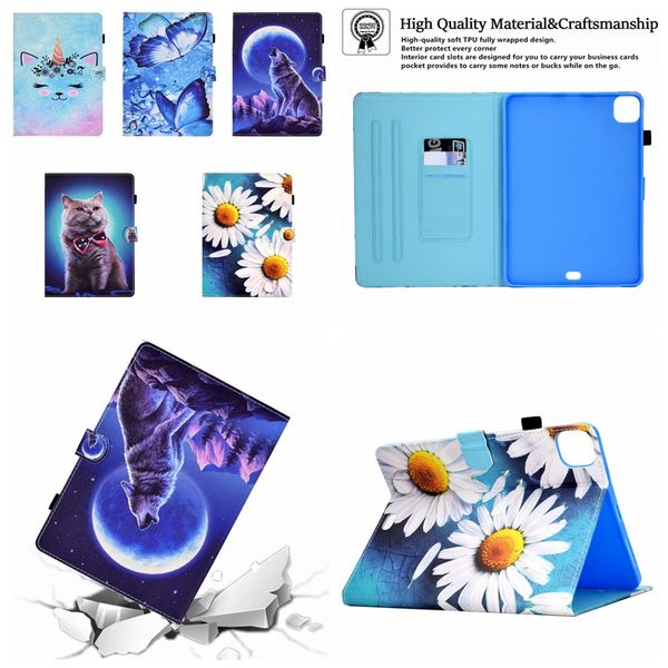 Custodie per portafogli in pelle con stampa lupo per Ipad 5 6 8 9 9.7 10.2 10.5 Pro 11 Air4 10.9 Girasole Farfalla carina Unicorno Fiore Gatto Portacarte per cartoni animati Tablet Cover antiurto