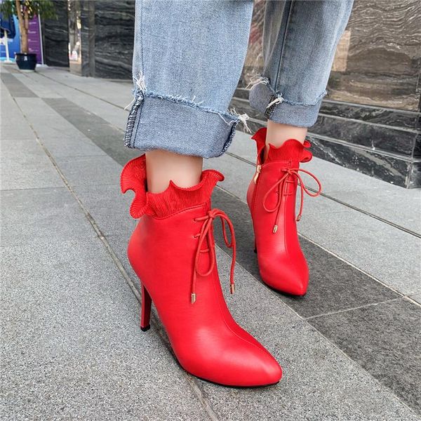 

boots ymechic fashion high heels stiletto pointed toe lovely ruffles party wedding shoes woman cross tied ankle 2021, Black