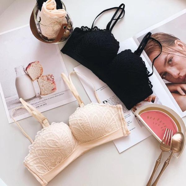 

bras sets women underwear lace bra hollow design push up mid-thick solid color deep-v no rims back closure briefs set, Red;black