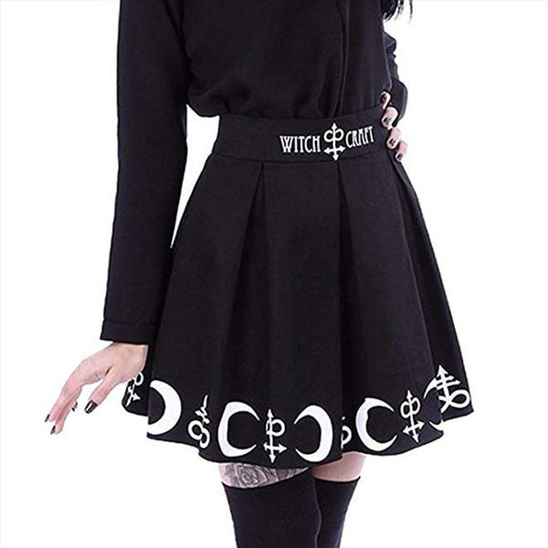 

gothic punk witchcraft moon women skirts magic spell symbols pleated mini, Black