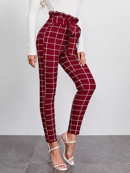 

paperbag waist belted grid pants 95qx#, Black;white