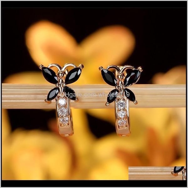 

& hie drop delivery 2021 black cz stone cute butterfly hoop for women wedding jewelry vintage fashion gold/black/rose gold/sier color earrin, Golden;silver