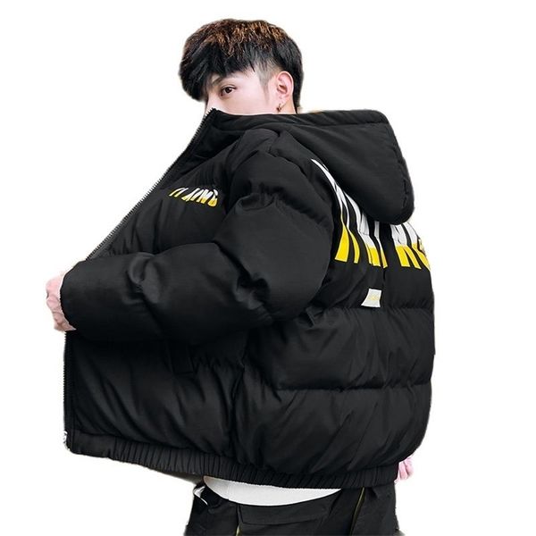 

winter warm cotton-padded coats men letter printed thicken jacket fashion street thick parkas hooded outerwear men's clothing 211119, Black